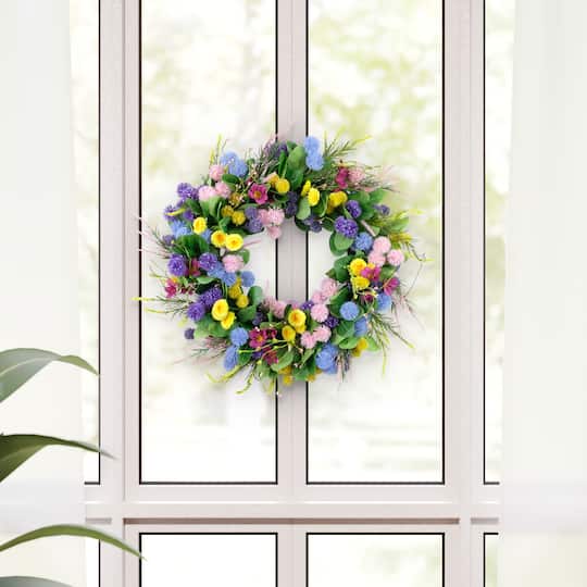 24" Pink, Blue & Yellow Spring Echinops & Chrysanthemum Floral Wreath